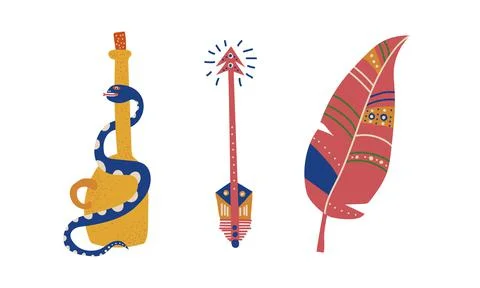 Tribal Ethnic Elements with Arrow, Feather and Corked Jar Vector Set Stock Illustration