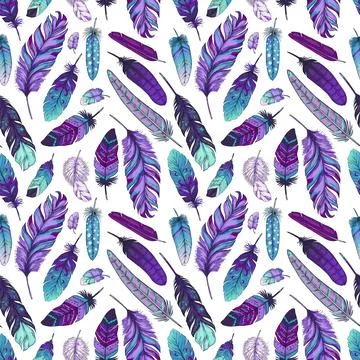 Tribal feather seamless pattern. Purple birds quills. Boho style background.  Stock Illustration
