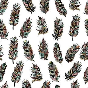 Tribal feather seamless pattern on white background. Hand drawn print Illustrazione stock