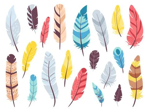 Tribal feathers set. Flat doodle feather, bird plumage collection. Indian boho Stock Illustration