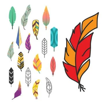 Tribal flat feather different style bird vintage colorful ethnic hand drawn Stock Illustration