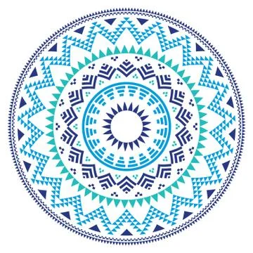 Tribal folk Aztec geometric pattern in circle - blue, navy and turquoise Stock Illustration