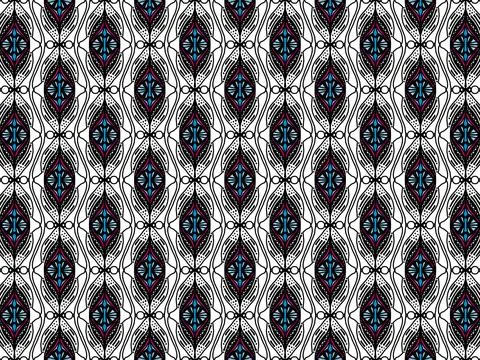 Tribal geometric pattern with pink and blue motifs. Stock Illustration