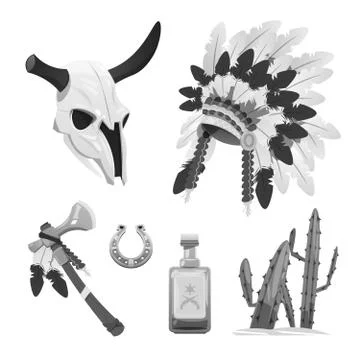 Tribal indian vector objects - buffalo skull, tomahawk Illustrazione stock