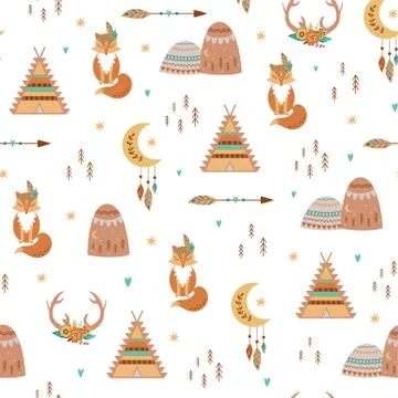 Tribal kids pattern Teepee, Arrow, Feathers, Moon, Fox, aztec mountains, deer Illustrazione stock