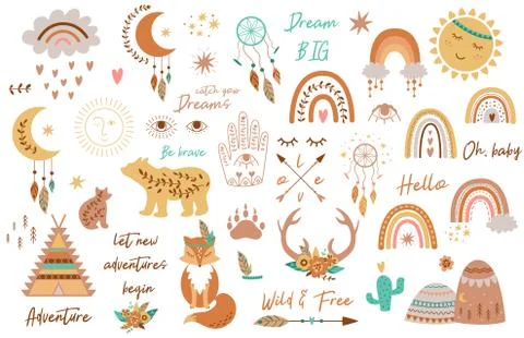 Tribal kids set elements. Boho teepee, rainbow, arrow, moon, sun, boho animals Illustrazione stock