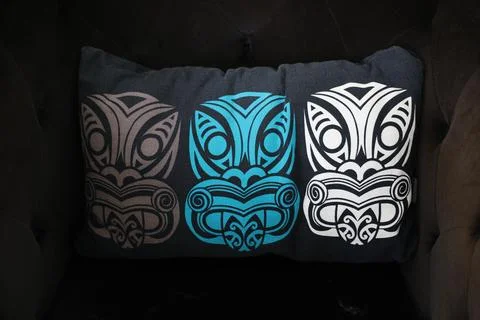 Tribal Mask Pattern Cushion Dark Sofa Stock Photos