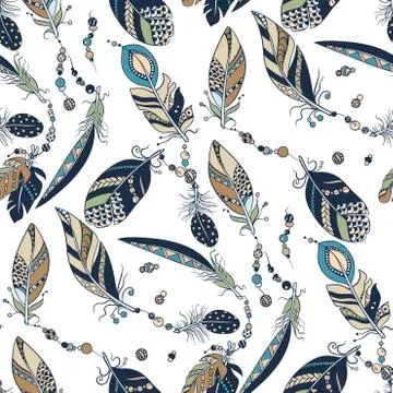 Tribal native seamless pattern with feathers and beads in vector graphic illu 스톡 일러스트