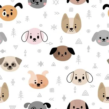 Tribal seamless pattern with cartoon dogs. Abstract geometric art print. Ha.. Stock Illustration
