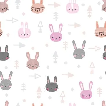 Tribal seamless pattern with cartoon rabbits. Abstract geometric art print... Stock Illustration