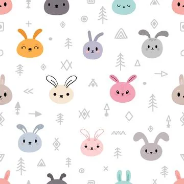 Tribal seamless pattern with cute cartoon rabbits. Abstract geometric print.. Stock Illustration