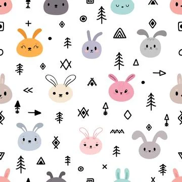 Tribal seamless pattern with cute cartoon bunnies. Abstract geometric print.. Stock Illustration