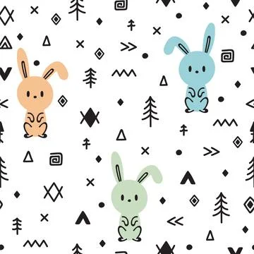 Tribal seamless pattern with cute hand drawn bunny. Childish texture for fa.. Stock Illustration