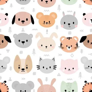 Tribal seamless pattern with cute smiley animal faces. Creative background .. Stock Illustration