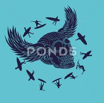 Tribal tattoo skull and wings surfer vector art Stock Illustration