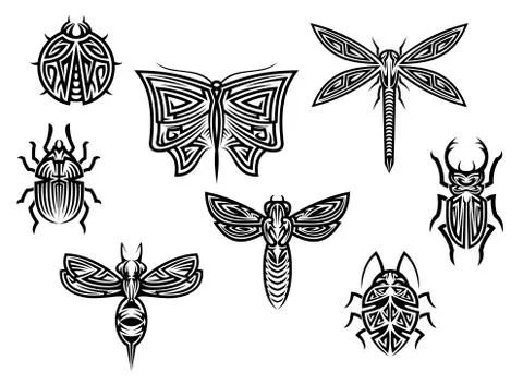 Tribal tattoos set with ornamental elements of insects Stock Illustration