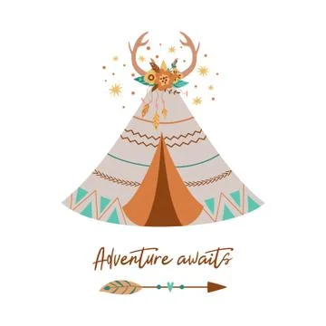 Tribal Teepee vector Cute tribe teepee, Arrow, Feather, horns. Text Adventure Stock Illustration