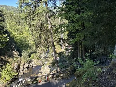 Triberg waterfall and forest stream in spring landscape Stock Photos