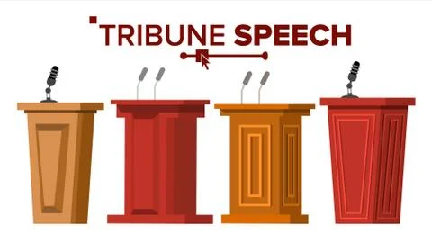 Tribune Set Vector. Podium Rostrum Stand With Microphones. Business Presentation Stock Illustration
