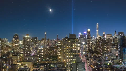 Tribute in Light 9/11 Memorial Timelapse Zoom Out Stock Footage 284401877