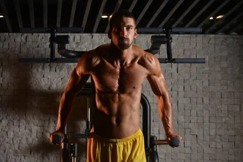 Triceps And Chest Exercise on Parallel Bars Stock Photos