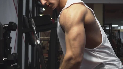 Triceps workout in gym machine Stock Footage 117910644