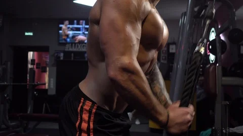 Triceps workout in gym machine Stock Footage 118858072