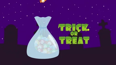 Trick or treat animation with candy falling into a bag against a dark cemet.. Stock Footage 339116898
