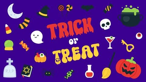 Trick or Treat Halloween Banner with Cauldron Pumpkin Basket and Ghost Stock Illustration