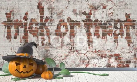 Trick or treat. Halloween greeting with Jack O Lantern pumpkin and green leaf Stock Illustration