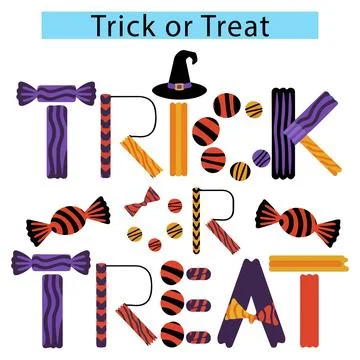 Trick or Treat logotype typography with candy wrappers and witch hats decor.. Illustrazione stock