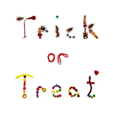 Trick or treat words in bugs and candy on white Stock Photos
