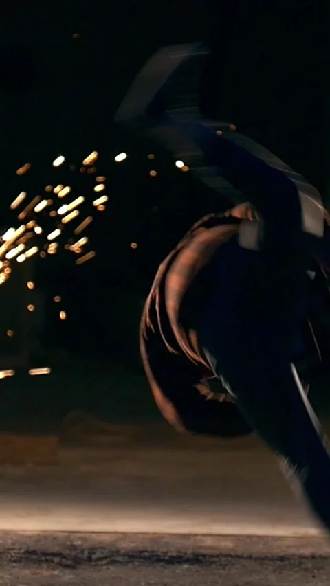 Tricks of martial arts, feilong, night against the background sparks, slow Stock Footage 346755185