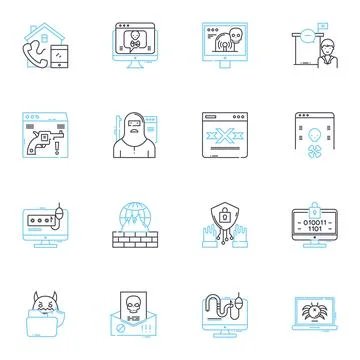 Tricksters linear icons set. Deception, Prankster, Mischievous, Cunning, Jester Stock Illustration