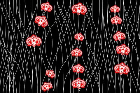 Tricolor black-red-white pattern - garlands of orchid flowers Ilustração Stock