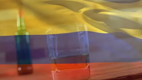 Tricolor flag overlay entering frame and waving, tinting clear glass with amber Stock Footage 329533490