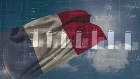 Tricolor flag rippling in bright sky, digital charts fading in and mapping Stock Footage 333967726