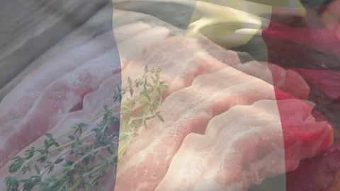 Tricolor veil drifting, camera and lamp shifting, meat focusing, thyme, butter Stock Footage 329594046