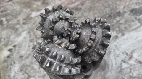 A tricone bit (or roller cone bit) used on the drilling rig after pulling out Stock Footage 324684813