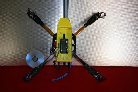 Tricopter drone design prototype build showing different electronic modules. Stock Photos