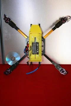 Tricopter drone design prototype build showing different electronic modules. Stock Photos