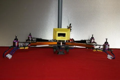Tricopter drone design prototype build showing different electronic modules. Stock Photos