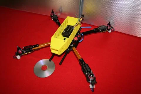 Tricopter drone design prototype build showing different electronic modules. Stock Photos