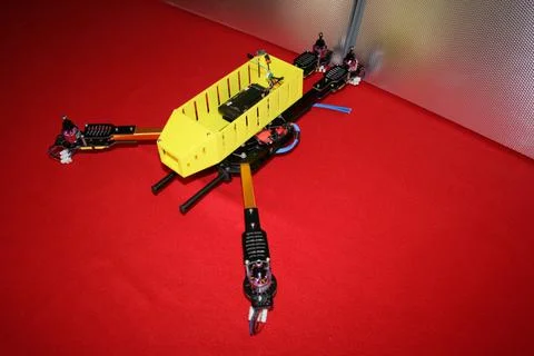 Tricopter drone design prototype build showing different electronic modules. Stock Photos