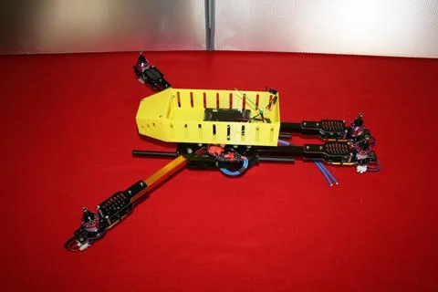 Tricopter drone design prototype build showing different electronic modules. Stock Photos
