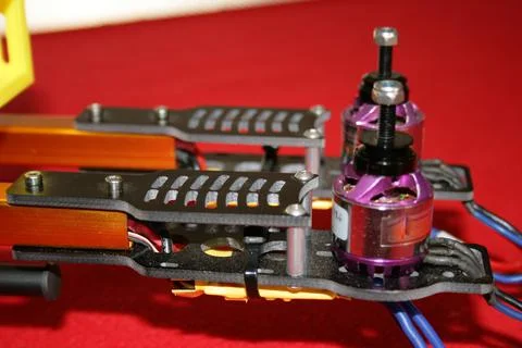 Tricopter drone design prototype build showing different electronic modules. Stock Photos