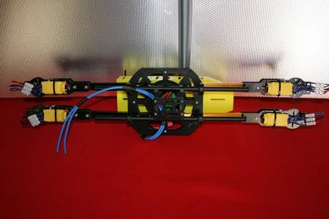 Tricopter drone design prototype build showing different electronic modules. Stock Photos