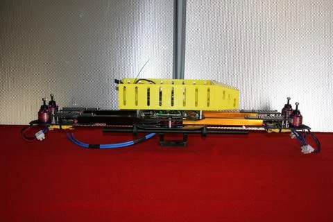 Tricopter drone design prototype build showing different electronic modules. Stock Photos