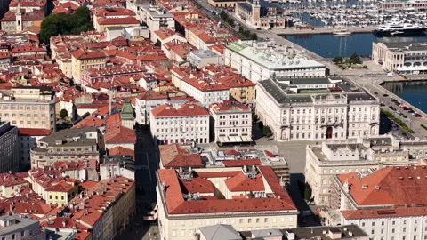 Trieste Italy, Drone Shot of Unity Square, Old Town Buildings and Coastal Stock Footage 340382136