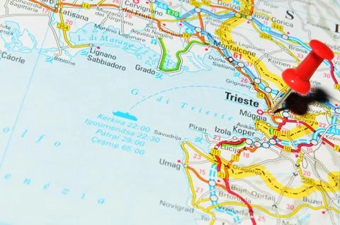 Trieste, Italy marked with red pushpin on map Stock Photos